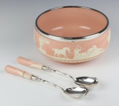 A Copeland pink Jasperware salad bowl decorated with hunting scenes together with servers (1 af)
