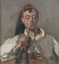 E S S, oil on board monogrammed, study of a Continental gentleman smoking a pipe 17cm x 16cm