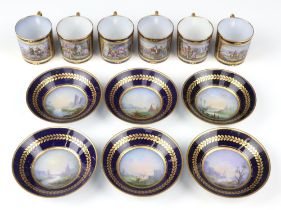 A set of 6 19th Century Sevres coffee cans and saucers with dark blue ground and gilt decoration