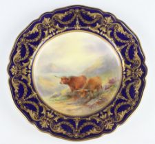 A Royal Worcester cabinet plate decorated with Highland cattle by J Stinton with gilt scrolling