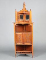 An Edwardian carved walnut corner cabinet, the raised back fitted 2 bevelled plate mirrors above