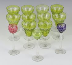 Ten pale green Bohemian wines and 3 multi coloured liqueurs
