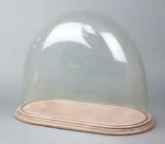 A 20th Century oval glass dome raised on a wooden base 36cm h x 42cm w x 20cm d Minor chips to the