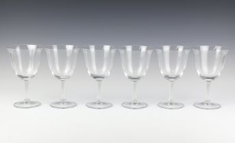 Six Lalique Glass opalescent stemmed Barsac red wine glasses, etched lower case marksOne glass is
