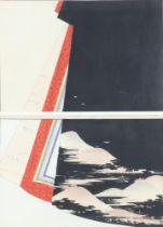 Kaigai Tennen, a Japanese woodblock print, study of 3 gowns, 2 framed as 1 45cm x 32cm