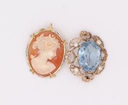 A 9ct yellow gold cameo brooch together with a topaz ditto