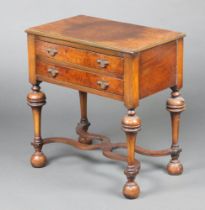 A 1930's Queen Anne style quarter veneered figured walnut side table fitted 2 frieze drawers, raised