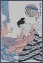 Goyo, Japanese woodblock print of a lady on a balcony 27cm x 18cm
