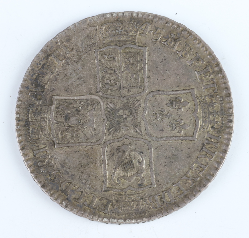 A silver half crown of George II 1745, LIMA below but, year of reign DECIMO NONO, silver milled - Image 2 of 6