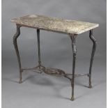 A 19th/20th Century rectangular iron garden table with well weathered marble top, raised on a cast