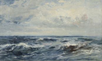 Henry Moore, oil on canvas signed, seascape 23cm x 38cm, label on verso