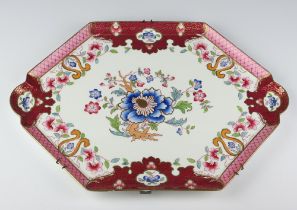 An ironstone pattern hexagonal tray decorated with flowers 48cm