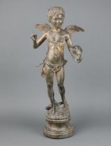 A 20th Century cast metal figure of a standing cherub with shield and quiver, raised on a circular