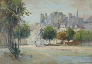 Ernest Walbourne ?, oil on board signed, street scene with military statue 33cm x 49cm
