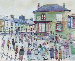 ** Fred Yates (1922-2008), oil on board signed, a busy street scene with figures and dogs 46cm x
