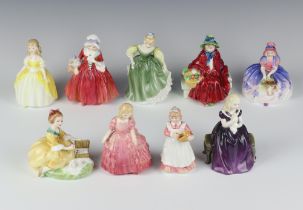 Nine Royal Doulton figures - Mother's Helper HN3650 10cm, Picnic HN2308 9cm, Monica (crack to