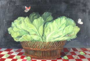 Mimi Roberts, oil on board, still life study of a basket of lettuce leaves with ladybird, snails and