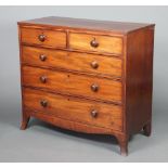 A 19th Century mahogany chest of 2 short and 3 long drawers with tore handles, raised on outswept