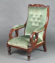 A William IV carved mahogany show frame open arm chair, the seat and back upholstered in blue