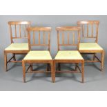 A set of 4 19th Century elm stick and bar back kitchen chairs with upholstered drop in seats