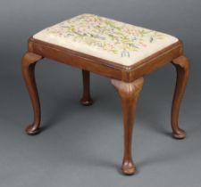 A Queen Anne style rectangular walnut dressing table stool with Berlin woolwork seat raised on