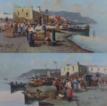 20th Century watercolours indistinctly signed, Italian coastal scenes with figures 19cm x 38cm