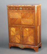 A 19th/20th Century French inlaid Kingwood escritoire with pink veined marble top, the fall front