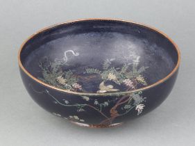 A 19th/20th Century circular Japanese black ground cloisonne enamelled bowl decorated birds 8cm x
