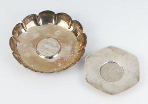 A silver coin set Armada dish Birmingham 1977 9cm, a ditto Dublin 1966 12.5cm, 223 grams