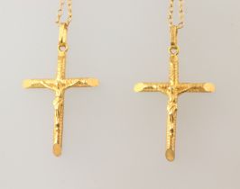A yellow metal 18k cross pendant and chain and a ditto, both 38cm, 5.1 grams