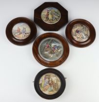 Five mounted Prattware pot lids, hunting scenes 12cm and 9cm, game keepers 9cm, fete gallant 10cm