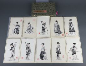 Ten early 20th Century Chinese paintings on card of ladies at pursuits contained in a folder 19cm