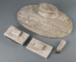 An Art Deco polished hardstone 4 piece desk set comprising oval standish with lidded inkwell 9cm x