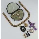 A Victorian miniature portrait brooch set seed pearls, a gilt necklace, amethyst cross and minor