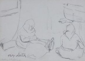 ** Philip Naviasky, (British 1894-1983) pencil sketch of ladies making fishing nets, label on