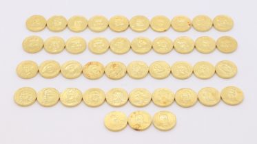 Forty three, 22ct yellow gold commemorative coins - The Kings and Queens of England by John Pinches,