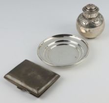 A silver dish London 1909, a cigarette case, a baluster condiment and miniature hand mirror, a