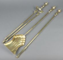 A brass 3 piece fireside companion set comprising shovel, poker and tongs