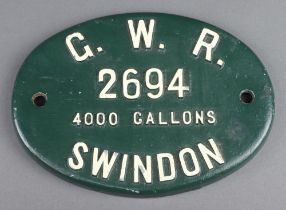 Great Western Railway, a cast iron tender plate marked GWR 2694 4000 gallons Swindon 21cm x 15cm