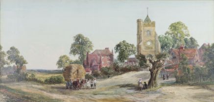 John Faulkner (British 1835-1894) watercolour, rural scene with figures before a church, Pinner