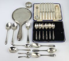 A cased set of silver coffee spoons and nips Birmingham 1928, 6 mother of pearl handled butter