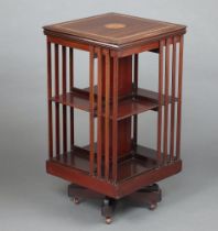 A square Edwardian inlaid mahogany 2 tier revolving bookcase 88cm h x 47cm w x 47cm d Repolished and