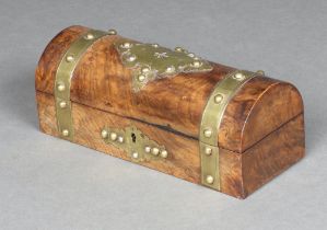 A Victorian figured walnut and gilt mounted dome shaped glove box with hinged lid, the base with