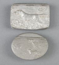 James Dixon & Sons, an oval pewter snuff box, the lid embossed a spaniel flushing a pheasant base