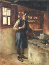 Herman Gustave Kerkomer (German) oil on board signed, a gentleman standing at a stove, smoking a