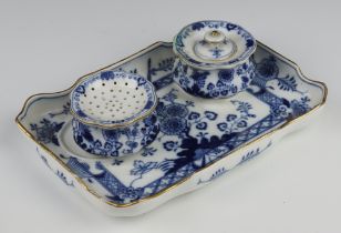 A late 19th Century Meissen blue and white rectangular ink stand decorated with a bird and flowers