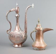 A Turkish Dallah copper coffee pot 28cm, together with an Eastern engraved and embossed coffee pot