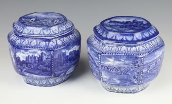 A pair of Maling Ware for Ringtons hexagonal tea caddy and cover decorated with Newcastle scenes