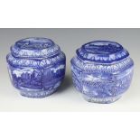 A pair of Maling Ware for Ringtons hexagonal tea caddy and cover decorated with Newcastle scenes