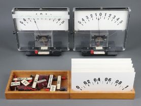 Two 1960's X laboratory meters with shunt and scales, 7 extra scales and various shunts 29cm h x